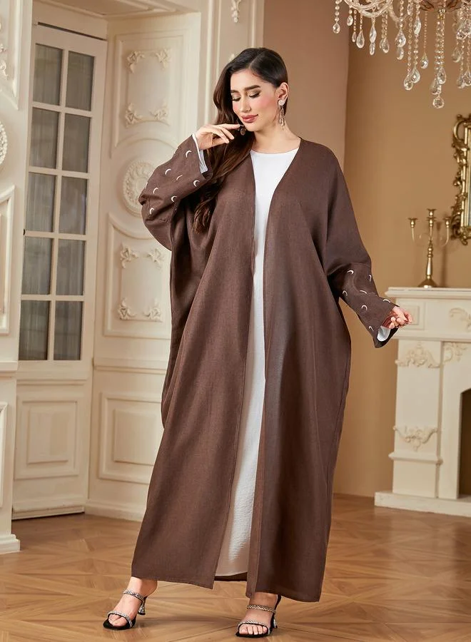 تايك تو Coffee Brown Crescent Embroidered Open Front Abaya