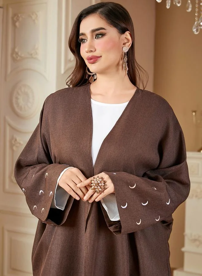 Take Two  Coffee Brown Crescent Embroidered Open Front Abaya for Women | Best Price UAE