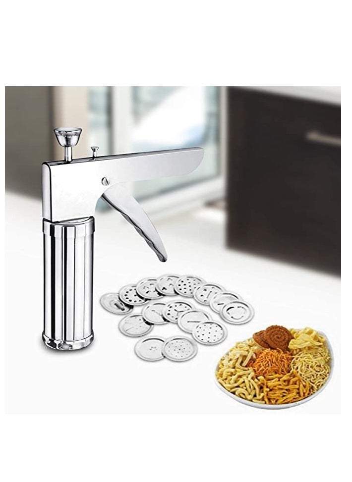 BEEZY Stainless Steel Kitchen Press Sev Maker with 15 Mold Murukku Bhujiya Noodles Cookies Namkeen Chakali Idiyappam Farsan Gathiya Maker (Silver)  - Image 1