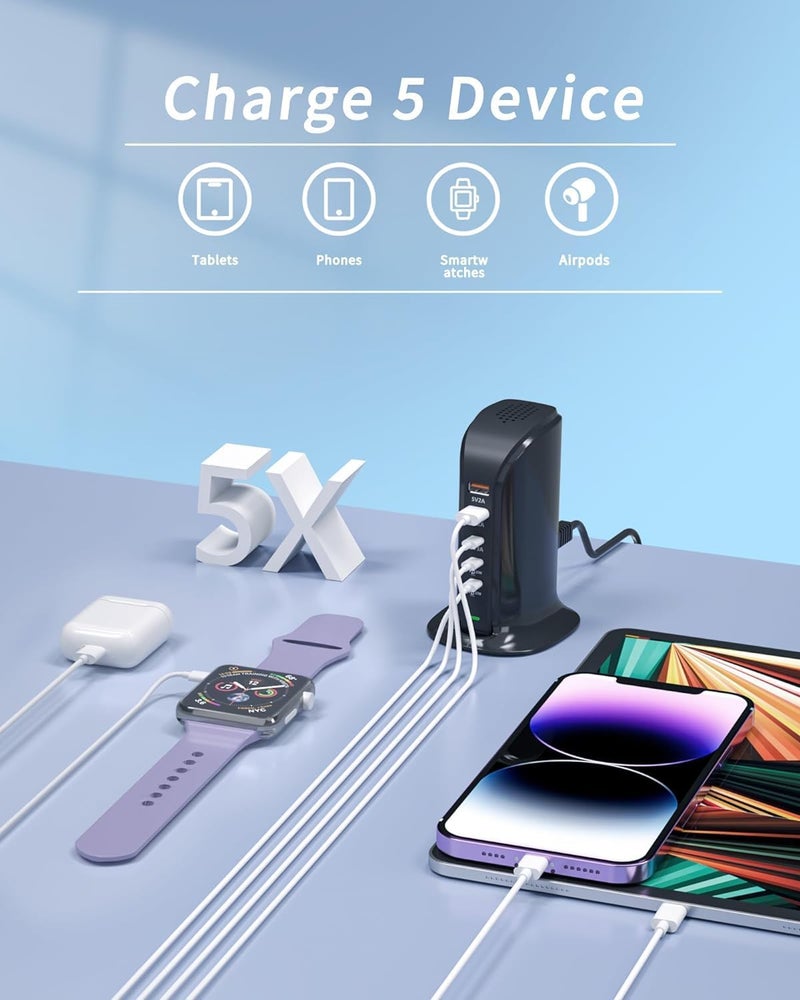 VHBW 55W USB Charging Station,Multi USB C Charger 5-Port USB Charger Tower for iPhone 15/15 Pro/15 Pro Max/iPhone 14/14 Pro/14 Pro Max/13 Pro/13 Pro Max,Samsung,iPad,etc (Black 55W) - Image 2