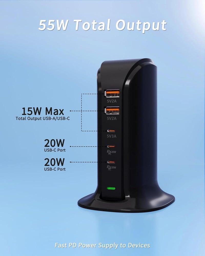 VHBW 55W USB Charging Station,Multi USB C Charger 5-Port USB Charger Tower for iPhone 15/15 Pro/15 Pro Max/iPhone 14/14 Pro/14 Pro Max/13 Pro/13 Pro Max,Samsung,iPad,etc (Black 55W) - Image 3