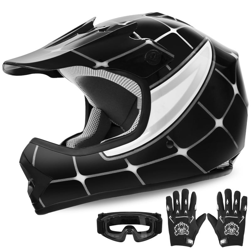 XFMT Kids Dirt Bike Helmet Youth Motorcycle Helmet DOT-Certified Full Face Helmets for Motocross ATV Off-Road Street Bike with Goggles & Gloves, Black Spider Medium - Image 1