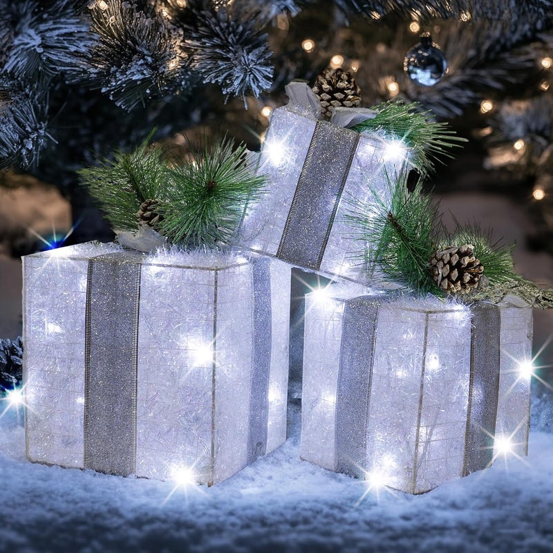 Hourleey Set of 3 Christmas Lighted Gift Boxes, Pre-lit 60 LED Light Up Present Boxes Ornament Outdoor White Tinsel Boxes Decoration for Indoor Christmas Home Yard Lawn Decor - Image 1
