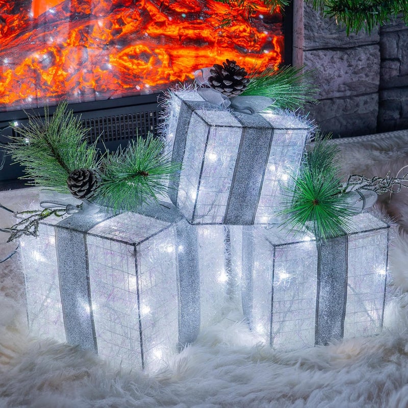 Hourleey Set of 3 Christmas Lighted Gift Boxes, Pre-lit 60 LED Light Up Present Boxes Ornament Outdoor White Tinsel Boxes Decoration for Indoor Christmas Home Yard Lawn Decor - Image 5