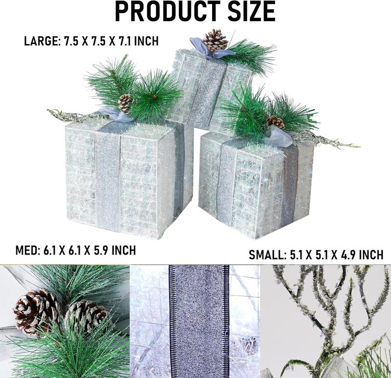 Hourleey Set of 3 Christmas Lighted Gift Boxes, Pre-lit 60 LED Light Up Present Boxes Ornament Outdoor White Tinsel Boxes Decoration for Indoor Christmas Home Yard Lawn Decor - Image 4