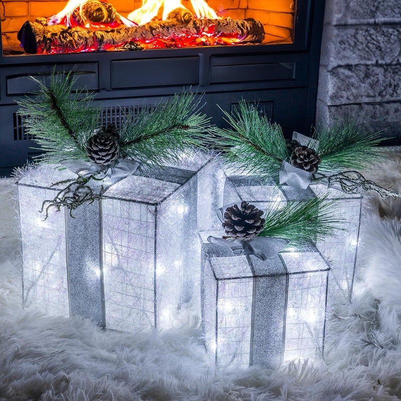 Hourleey Set of 3 Christmas Lighted Gift Boxes, Pre-lit 60 LED Light Up Present Boxes Ornament Outdoor White Tinsel Boxes Decoration for Indoor Christmas Home Yard Lawn Decor - Image 3