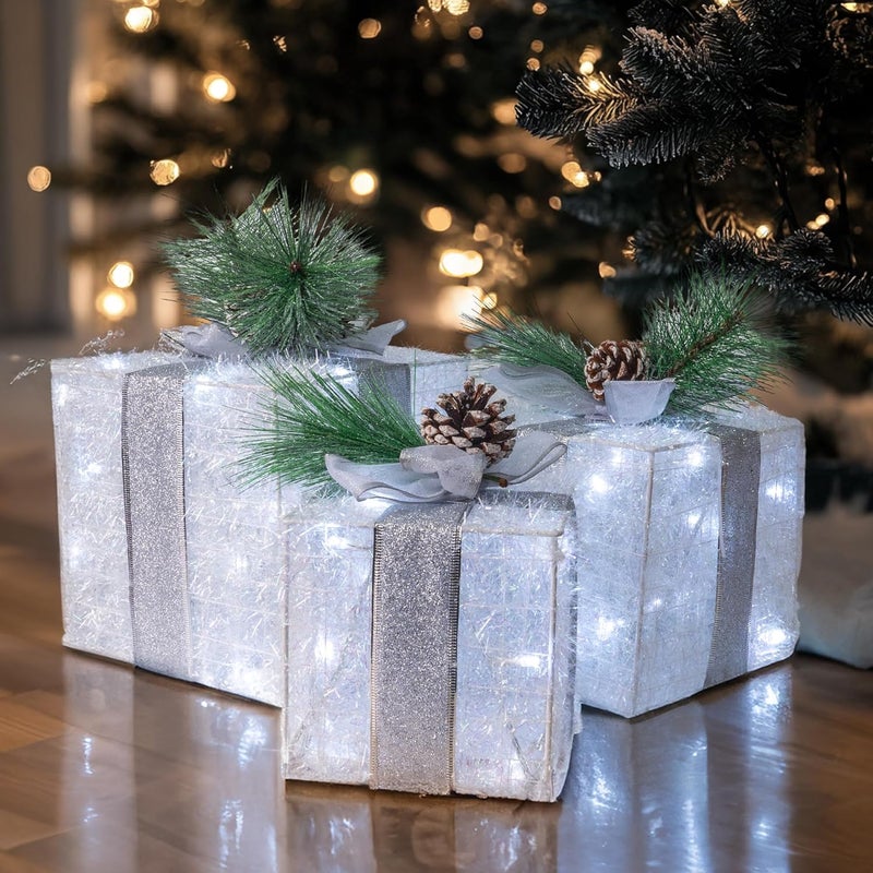 Hourleey Set of 3 Christmas Lighted Gift Boxes, Pre-lit 60 LED Light Up Present Boxes Ornament Outdoor White Tinsel Boxes Decoration for Indoor Christmas Home Yard Lawn Decor - Image 2