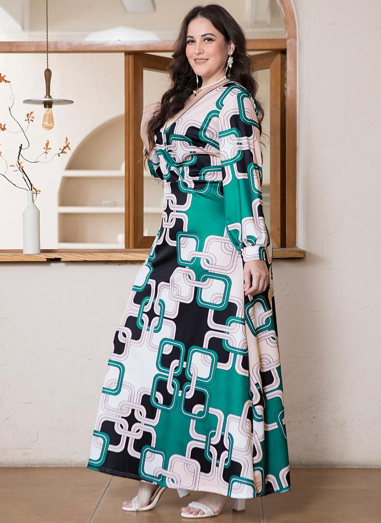 فرايديين انيق طوق على شكل V طباعة تباين اللون حزام غير منتظم كم منتظم فساتين حجم إضافي اخضر - Image 4