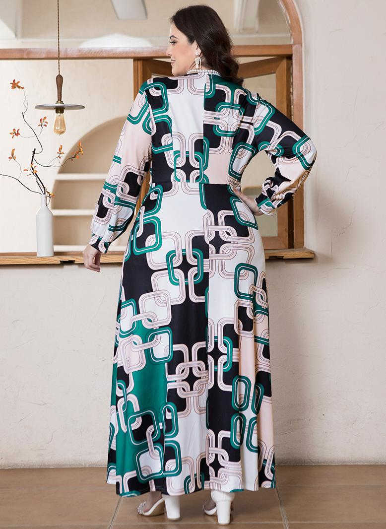 فرايديين انيق طوق على شكل V طباعة تباين اللون حزام غير منتظم كم منتظم فساتين حجم إضافي اخضر - Image 2