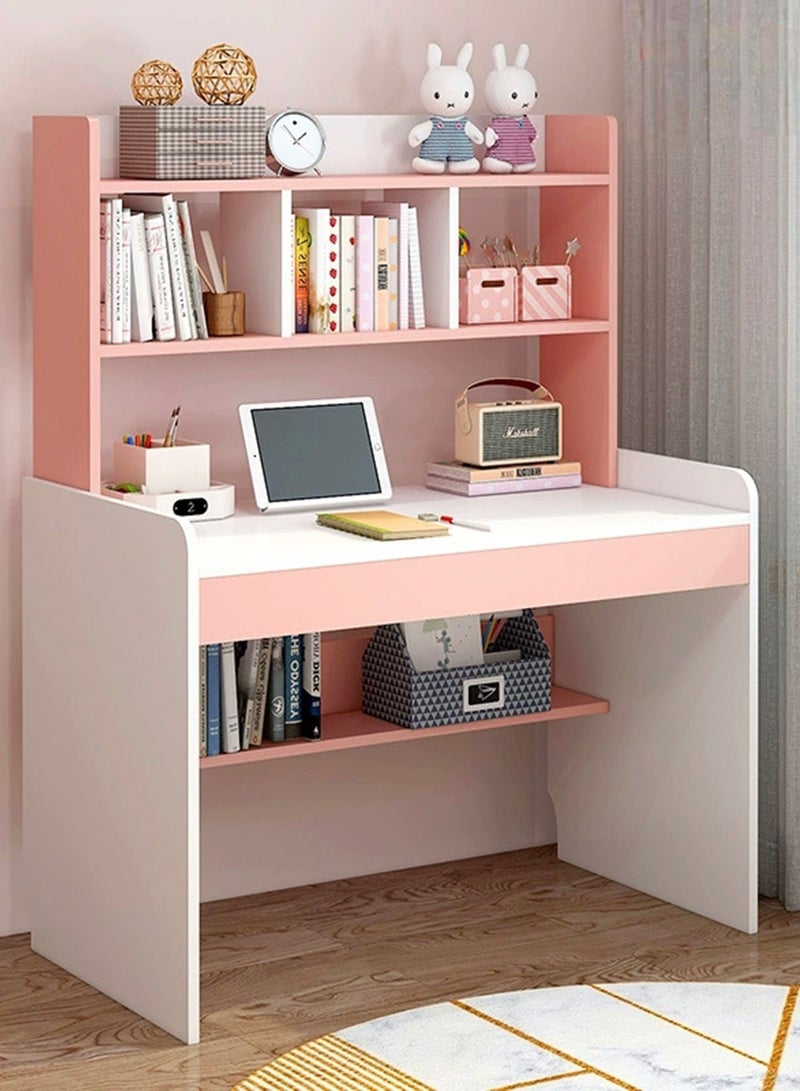 YY-ريشير مكتب دراسة 2 في 1 مع رف كتب، طاولة كمبيوتر وردية اللون بطول 100 سم مع أرفف تخزين للبنات، مكتب كتابة منزلي للطلاب - Image 1