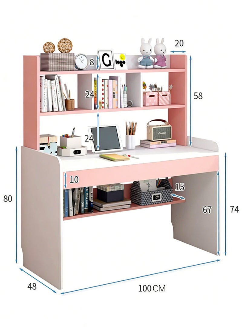 YY-ريشير مكتب دراسة 2 في 1 مع رف كتب، طاولة كمبيوتر وردية اللون بطول 100 سم مع أرفف تخزين للبنات، مكتب كتابة منزلي للطلاب - Image 5