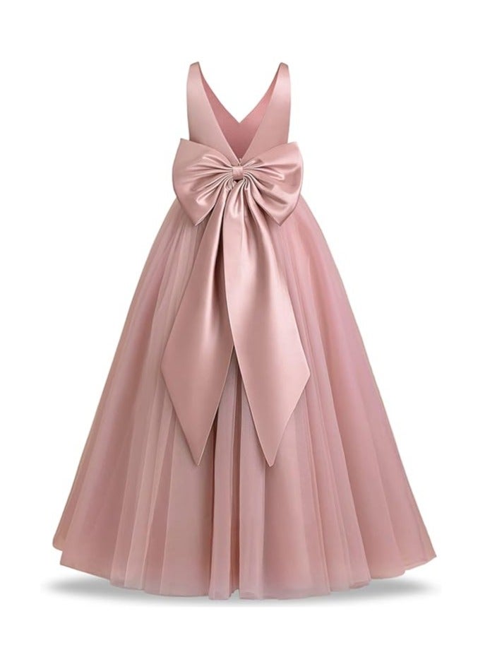 Girls Bridesmaid Dresses V Neck Back Bow Tulle Maxi Dress Children's Formal Evening Dress - Image 1