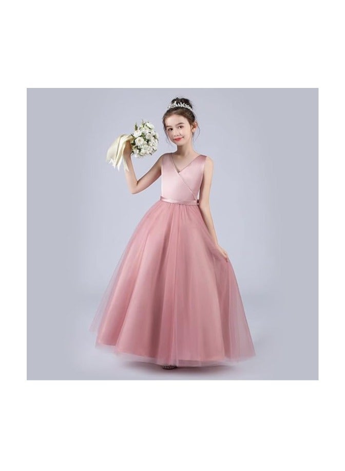 Girls Bridesmaid Dresses V Neck Back Bow Tulle Maxi Dress Children's Formal Evening Dress - Image 4