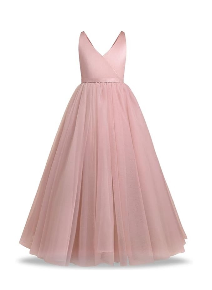 Girls Bridesmaid Dresses V Neck Back Bow Tulle Maxi Dress Children's Formal Evening Dress - Image 2
