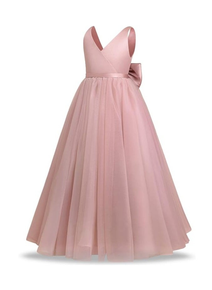 Girls Bridesmaid Dresses V Neck Back Bow Tulle Maxi Dress Children's Formal Evening Dress - Image 3