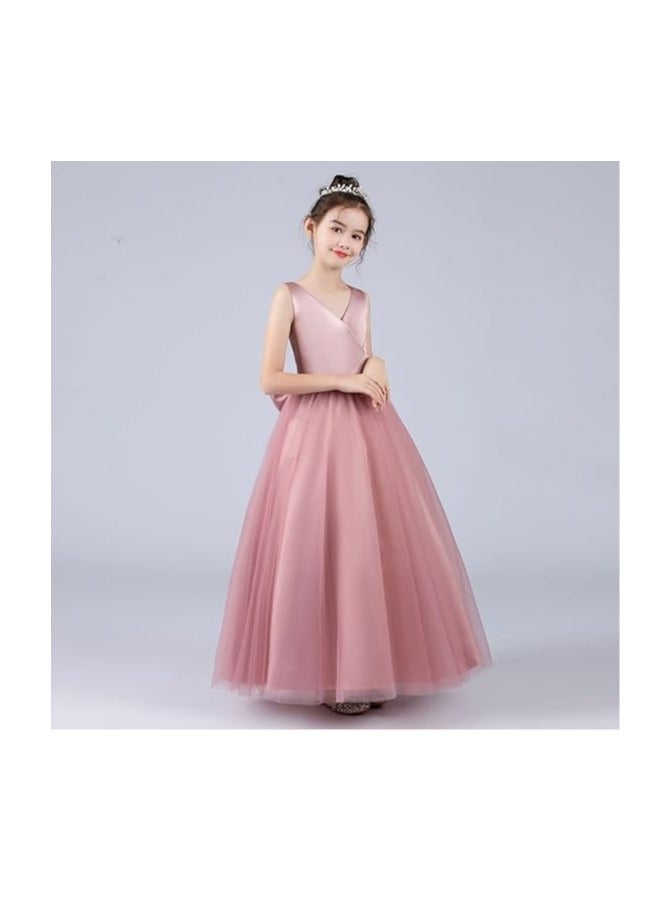 Girls Bridesmaid Dresses V Neck Back Bow Tulle Maxi Dress Children's Formal Evening Dress - Image 5