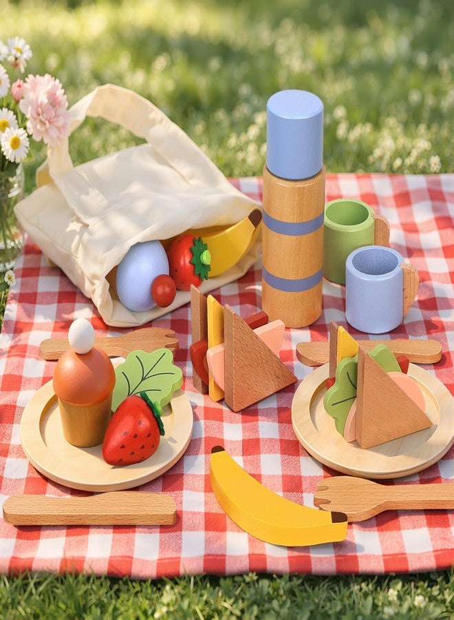 PairPear مجموعة طعام خشبية للعب من بيربير، 32 قطعة، مجموعة مطبخ ولعب نزهة مع حقيبة حمل، إكسسوارات مطبخ لعب للأطفال من عمر 3 سنوات فما فوق - Image 1