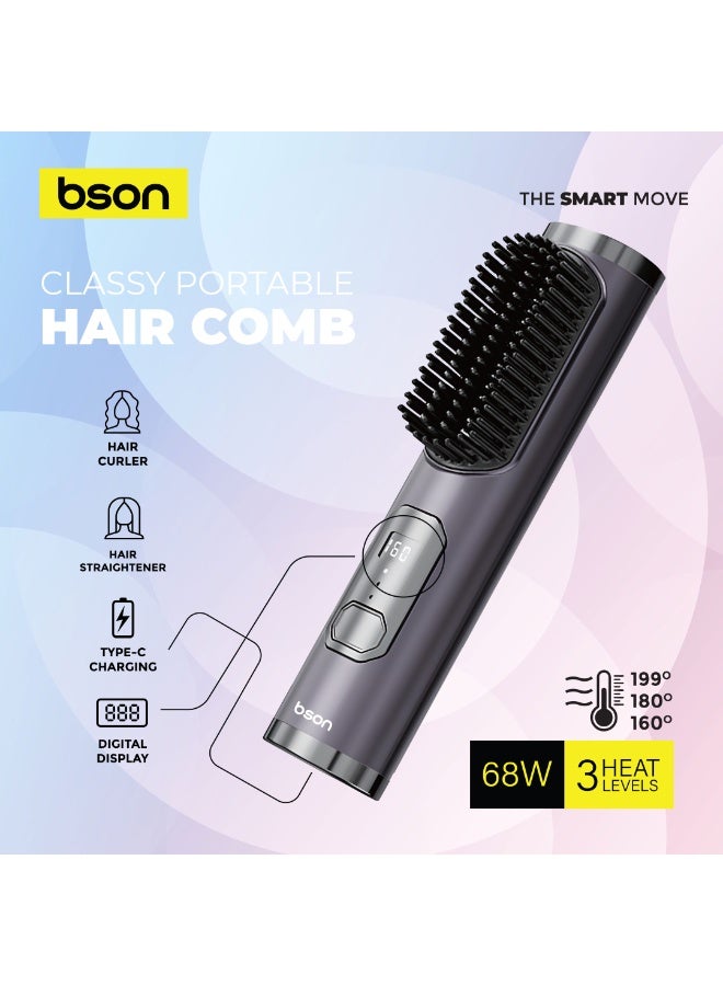 BSON Portable Hair Straightener Brush, Cordless Rechargeable Hair Comb with Digital Display, Fast Heating Anti Frizz Hair Styling Tool, Mini Travel Hair Straightening & Curler Brush for Women - Image 5