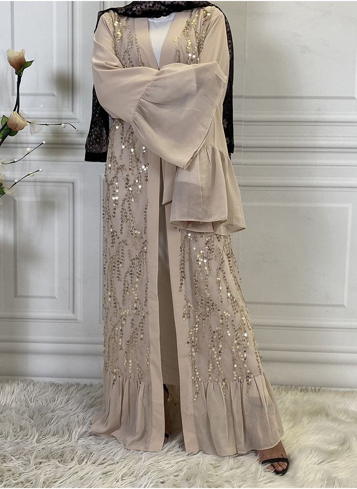 Loquat Sequin Chiffon Flare Sleeve Muslim Cardigan Gown Abaya Beige  - Image 1