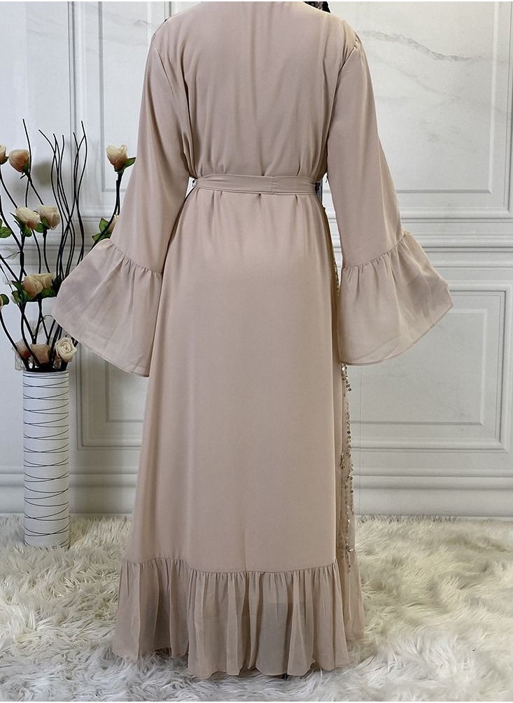 Loquat Sequin Chiffon Flare Sleeve Muslim Cardigan Gown Abaya Beige  - Image 3