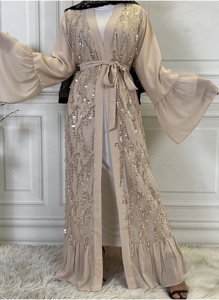 Loquat Sequin Chiffon Flare Sleeve Muslim Cardigan Gown Abaya Beige  - Image 2