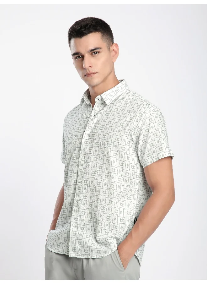 Beyoung White Grid Lock Half Sleeve Cotton Shirt