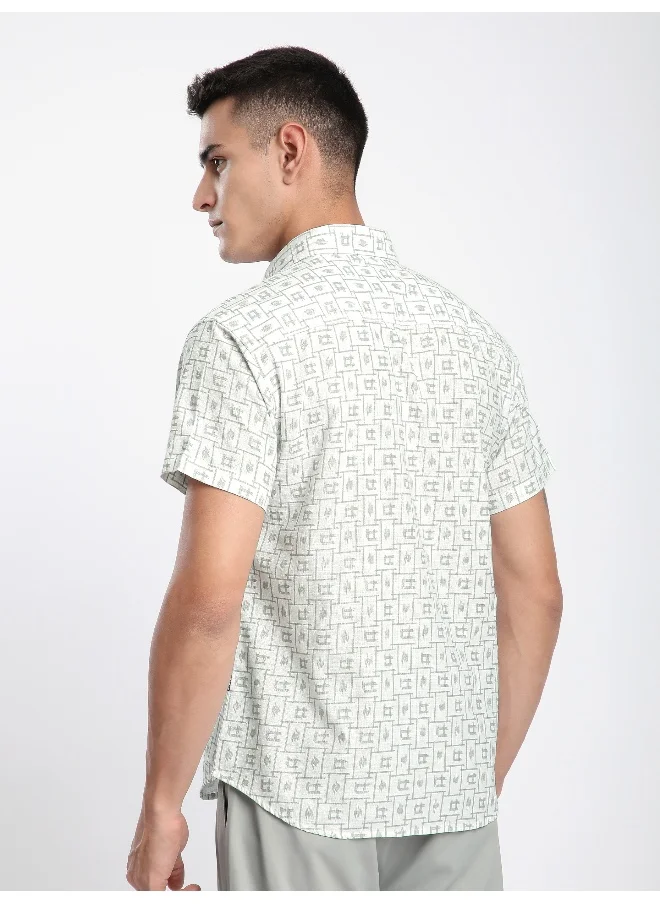 Beyoung White Grid Lock Half Sleeve Cotton Shirt