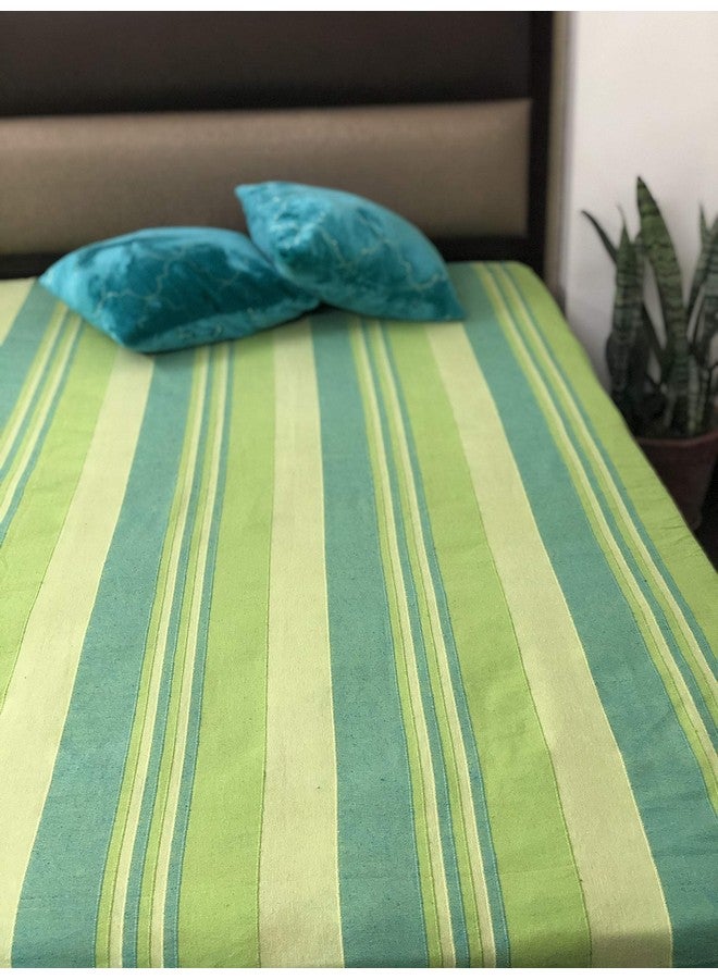 RANGBHAR Handloom Cotton Double Bedsheet Without Pillow Covers, Woven Striped Bedcover, 90 x 100 inch, Green,210 Threadcount - Image 5