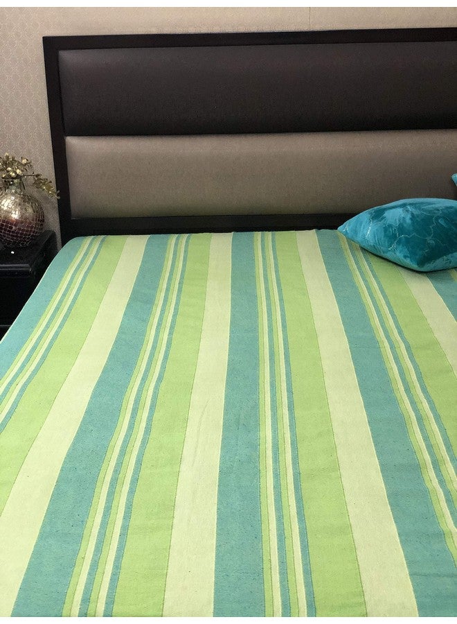 RANGBHAR Handloom Cotton Double Bedsheet Without Pillow Covers, Woven Striped Bedcover, 90 x 100 inch, Green,210 Threadcount - Image 4