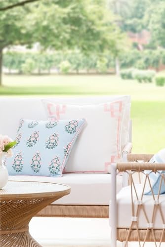 Hofdeco Premium Coastal Patio Indoor Outdoor Throw Pillow Cover Only 20x20 Water Repellent for Backyard Couch Blush Pink Embroidered Frame Greek Key - Image 3
