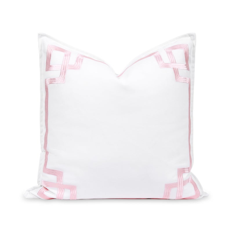 Hofdeco Premium Coastal Patio Indoor Outdoor Throw Pillow Cover Only 20x20 Water Repellent for Backyard Couch Blush Pink Embroidered Frame Greek Key - Image 2