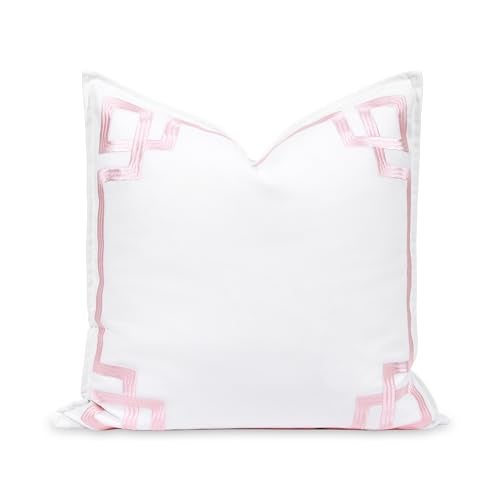 Hofdeco Premium Coastal Patio Indoor Outdoor Throw Pillow Cover Only 20x20 Water Repellent for Backyard Couch Blush Pink Embroidered Frame Greek Key - Image 1