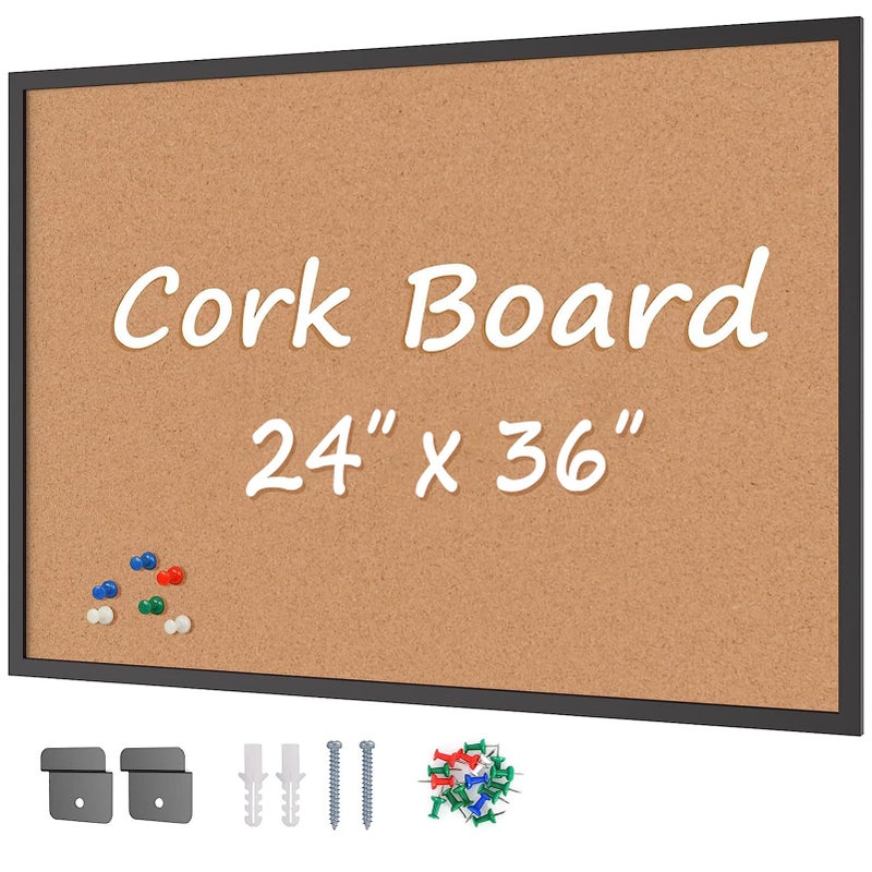Board2by Cork Board Bulletin Board 24 x 36 Black Wood Framed 2x3 Corkboard Office Board for Wall Cork Large Wall Mounted Notice Pin Board with 16 Push Pins for School Home Office