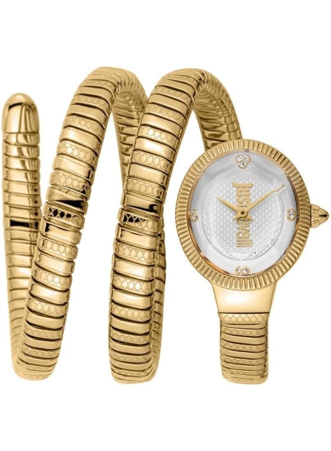 JUST CAVALLI Women Watch, Gold Color Case, Silver Dial, Gold Color Metal Bracelet, 2 Hands, 3 ATM