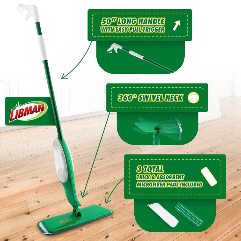 Libman Commercial Libman Freedom Spray Mop Kit, Microfiber Wet Mops for Floor Cleaning, Hardwood, Laminate, Tile Cleaner, Household Tool, 24 Oz Solution Tank, Two Extra Replacement Refill Heads Included - Image 4