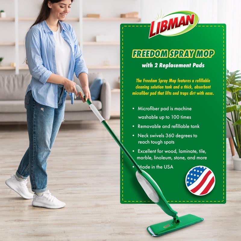 Libman Commercial Libman Freedom Spray Mop Kit, Microfiber Wet Mops for Floor Cleaning, Hardwood, Laminate, Tile Cleaner, Household Tool, 24 Oz Solution Tank, Two Extra Replacement Refill Heads Included - Image 2