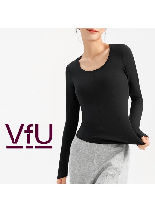 Vfu Women's Long Sleeve Yoga Top Quick-dry Sports Shirt Fitness T-shirt Slim Fit Base Layer Autumn Winter Black M - Image 2