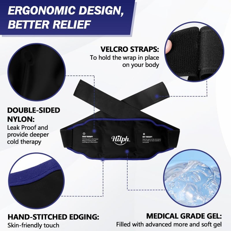 Hilph حزام ثلج منخفض الظهر هيلف للرجال والنساء قابل لإعادة الاستخدام مع جل ثلجي لعلاج آلام الظهر وآلام البطن وجراحة العمود الفقري وآلام العصب الوركي وآلام العصعص باللون الأسود - Image 4