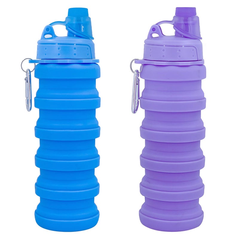YCTMALL Collapsible Water Bottles Two Pack Travel Sports Portable Sport Water Bottle comes with mountaineering Buckle 500ml silicone Water-proof camping water bottle (Blue and Pueple Color) - Image 1