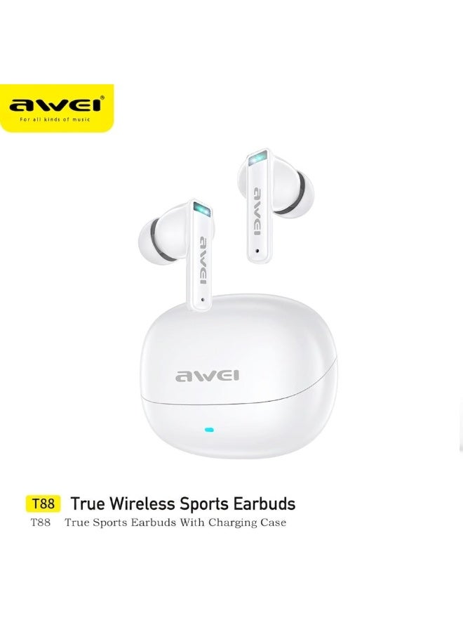 أوي سماعات أذن AWEI T88 اللاسلكية الحقيقية، سماعات بلوتوث 5.3 للرياضة والألعاب مع زمن استجابة منخفض، مقاومة للماء بمعيار IPX6، بطارية طويلة العمر وحافظة شحن شفافة - Image 1