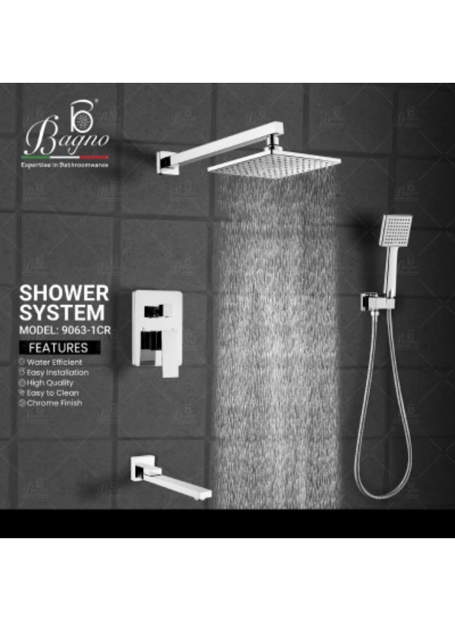 B Bagno Concealed Shower Mixer System 9063-1CR with Rainfall Head, Handheld Shower and Body Jets - Silver