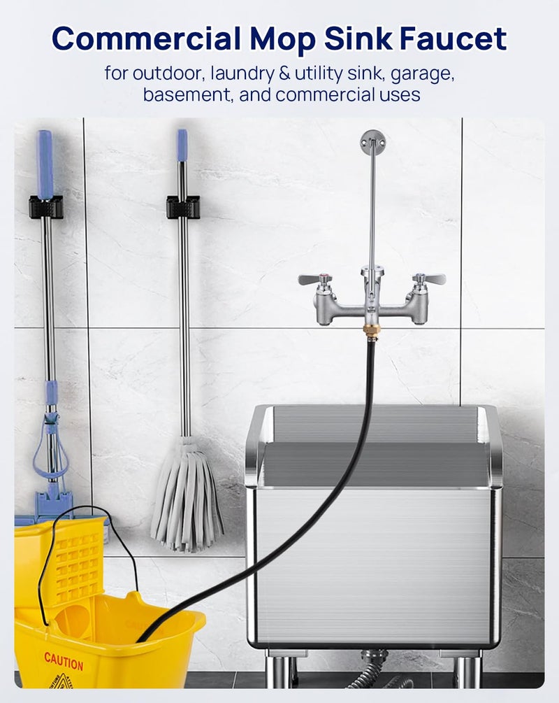 Sepaitek Commercial Mop Sink Faucet 8" Center, Wall Mount Utility Faucet with Vacuum Breaker 3/4" Hose Thread, for Industrial Outdoor Laundry Slop Hot and Cold Hose Bib, Brass Casted - Image 3