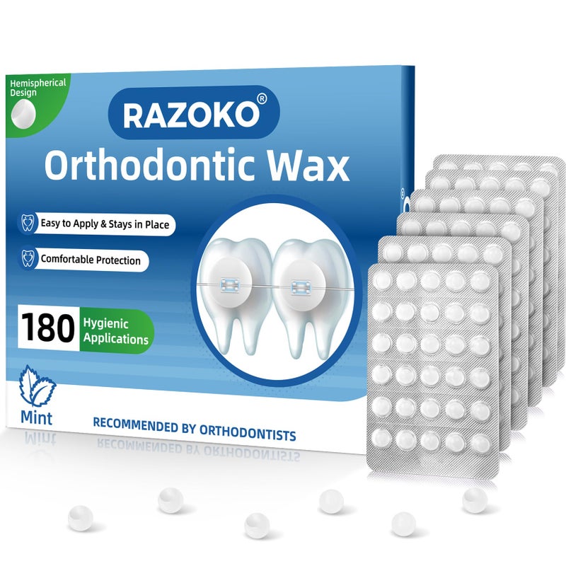 RAZOKO Orthodontic Wax for Braces - 180 Dental Wax Dots, Mint Flavor | Hygienic Individual Wraps, Strong Adhesion for Brackets & Wiresâ€‹ - Image 1