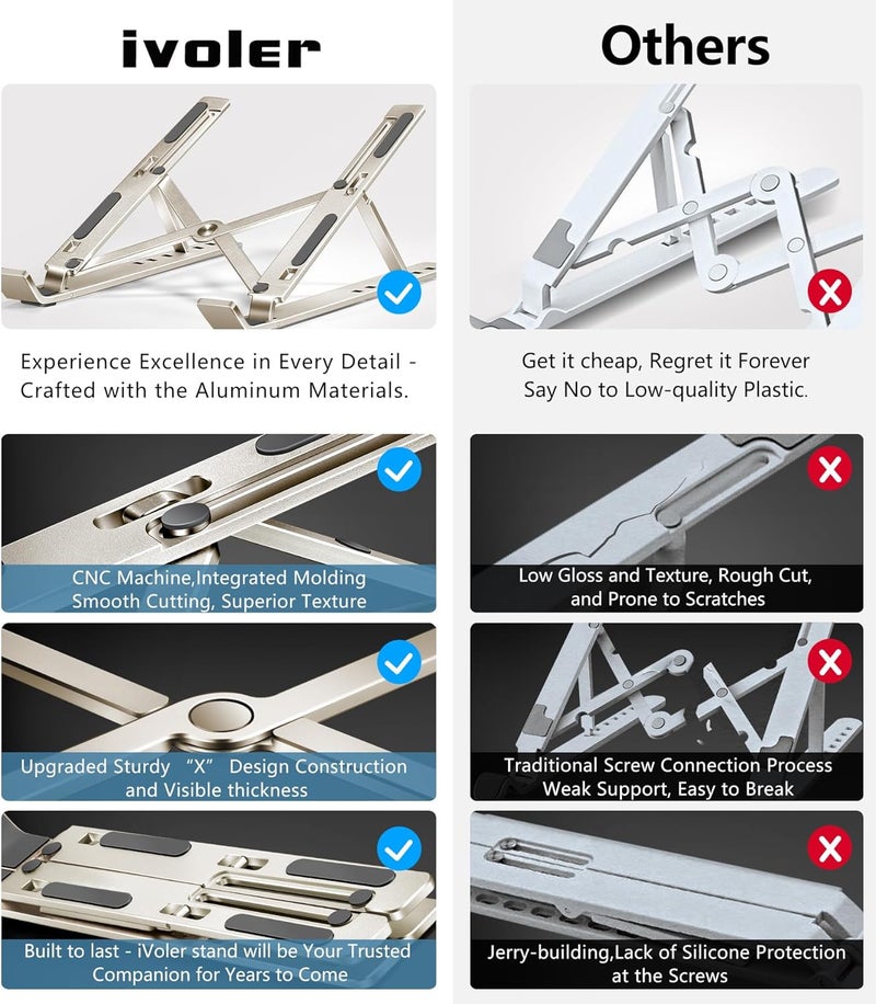 ivoler Laptop Stand, Laptop Holder Riser Computer Tablet Stand, 6 Angles Adjustable Aluminum Ergonomic Foldable Portable Desktop Holder Compatible with MacBook,iPad, HP, Dell10-15.6” Starlight - Image 3