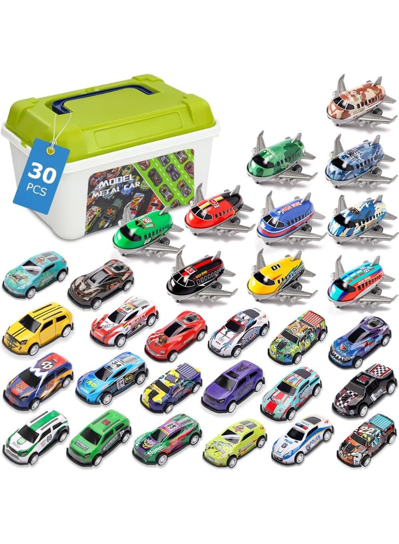 30 Pcs Pull Back Toy Cars & Planes Set with Storage Box, 20 Alloy Race Cars 10 Planes Mixed Vehicle Toys, Party Favors Toys,3+ Years Old Kids Boys Girls Gift - Image 1
