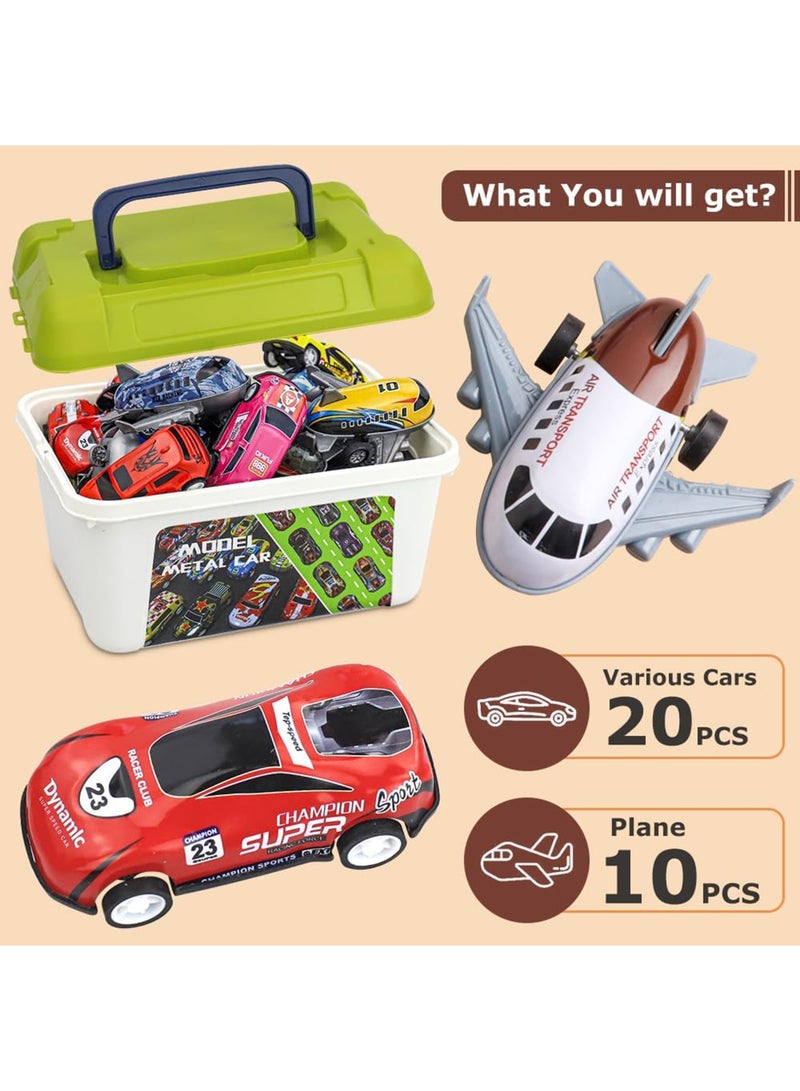 30 Pcs Pull Back Toy Cars & Planes Set with Storage Box, 20 Alloy Race Cars 10 Planes Mixed Vehicle Toys, Party Favors Toys,3+ Years Old Kids Boys Girls Gift - Image 2