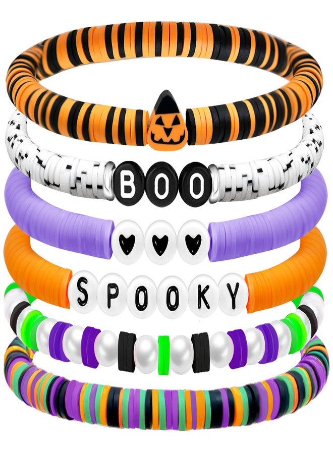 SKYFUN Halloween Bracelets for Women Stackable Surfer Heishi Bracelet Preppy Clay Bead Stretch Bracelets Bulk Halloween Party Cosplay Costume Outfits Jewelry Accessories, 6PCS BOO SPOOKY - Image 1