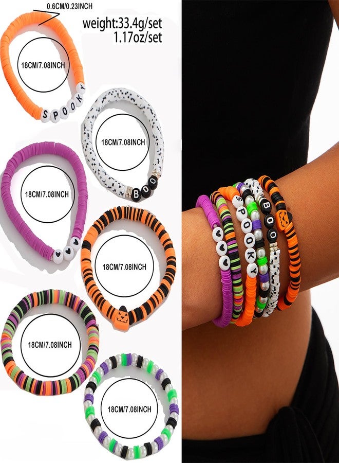 SKYFUN Halloween Bracelets for Women Stackable Surfer Heishi Bracelet Preppy Clay Bead Stretch Bracelets Bulk Halloween Party Cosplay Costume Outfits Jewelry Accessories, 6PCS BOO SPOOKY - Image 3