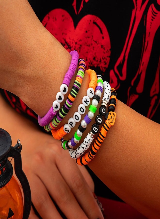 SKYFUN Halloween Bracelets for Women Stackable Surfer Heishi Bracelet Preppy Clay Bead Stretch Bracelets Bulk Halloween Party Cosplay Costume Outfits Jewelry Accessories, 6PCS BOO SPOOKY - Image 2