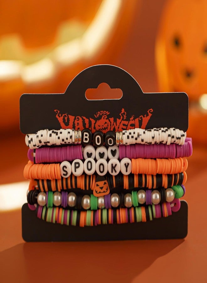 SKYFUN Halloween Bracelets for Women Stackable Surfer Heishi Bracelet Preppy Clay Bead Stretch Bracelets Bulk Halloween Party Cosplay Costume Outfits Jewelry Accessories, 6PCS BOO SPOOKY - Image 5